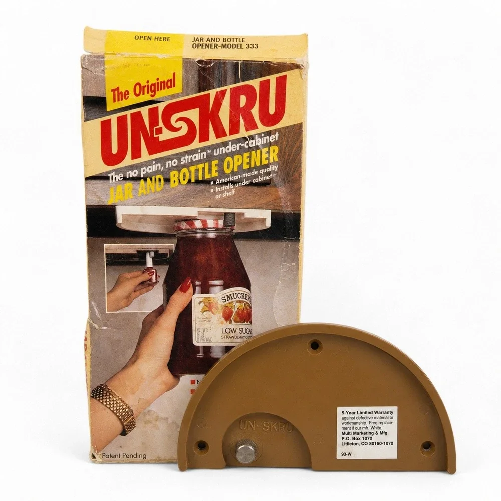 UN-SKRU Jar Opener Model 333 Brown Good Vintage Under Cabinet Kitchen Tool USA